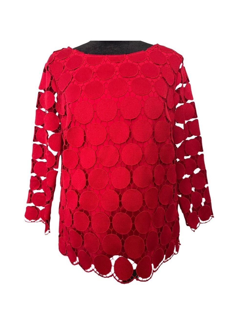 Talbots Medallion Scalloped 3/4 Bell Sleeve Top Opulent Dot Red Sz Small $59 - Picture 3 of 3